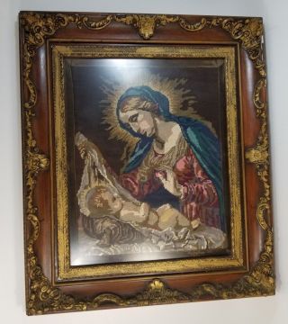 Vintage Antique Beautifully Framed Tapestry Needlepoint Jesus & Mary Madonna