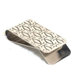 Auth Vintage Cartier Money Clip Double C Logos Silvertone Stainless Steel Swiss