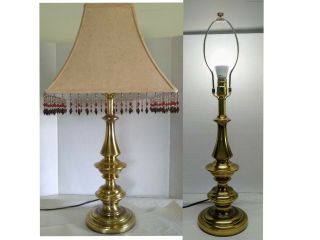 Vintage Stiffel Solid Brass Table Lamp 27 Inch,  2 Tiers,  Bell Shade Beaded Trim