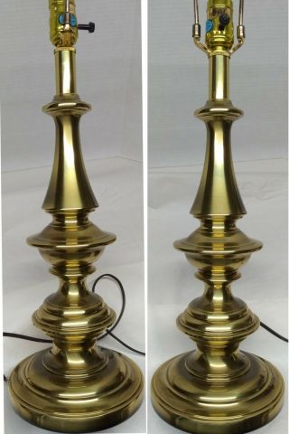 Vintage STIFFEL solid brass table lamp 27 inch,  2 Tiers,  bell shade beaded trim 3