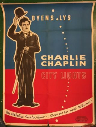 City Lights Charlie Chaplin 1953 - 54 Vintage Danish Cinema Movie Poster