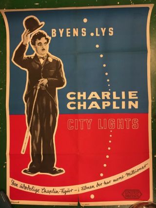 City Lights Charlie Chaplin 1953 - 54 Vintage Danish Cinema Movie Poster 2