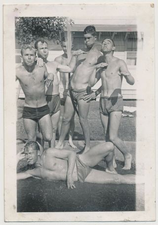 Shirtless Soldier Boys Play W Water Hose Vtg Swimsuit Bulge Men Photo Gay Int