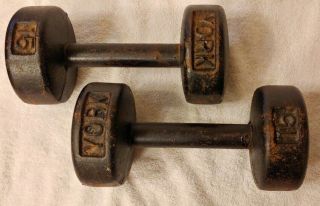 Vintage York Barbell 15 Lb Pair Roundhead Dumbbells