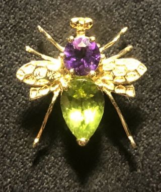 10k Solid Gold Vintage Purple Amethyst And Green Peridot Bug Fly Insect Pin