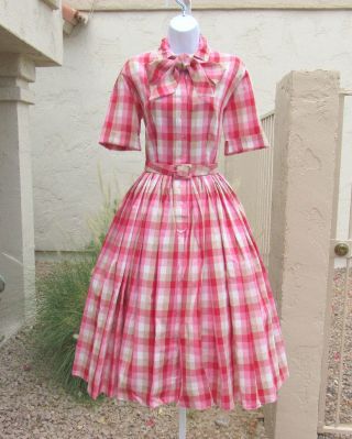 Vintage 1950s Elizabeth Arden Red White Checkered Garden Dress Belt Ascot Cotton