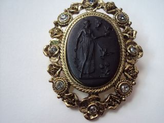 Antique Black Glass Mourning Cameo In Art Deco Pin Brooch
