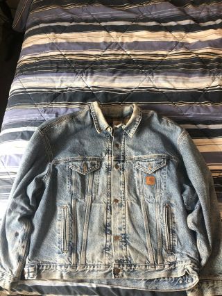 Vintage Carhartt Jean Jacket Coat 2xl Made In Usa Leather Logo Plaid Lining