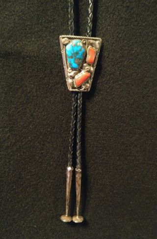 Old Pawn Sterling Silver Bolo Tie Signed Zz Turquoise Coral Incredible Vintage