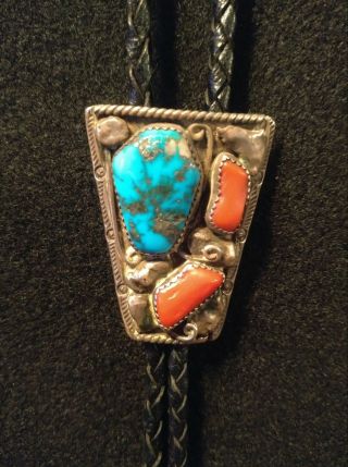 Old Pawn Sterling Silver Bolo Tie Signed ZZ TURQUOISE Coral Incredible Vintage 2