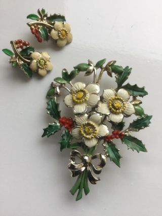 Vintage Exquisite Brooch & Earrings,  Birthday Christmas Rose,  Enamel,  Signed