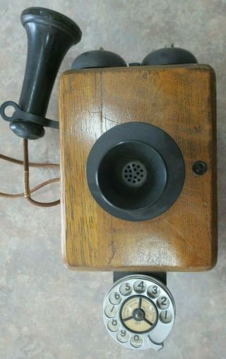 Vtg Antique Kellogg Wall - Phone Oak Wood Top Mount Rotary Dial