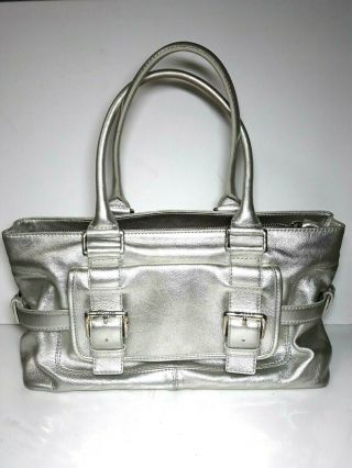 Michael Kors Vintage Silver Leather Dual Buckle Satchel Shoulder Handbag Purse