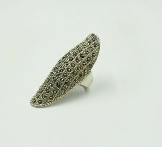 Vintage Sterling Silver 925 Marcasite Long Swirl Curved Oval Cocktail Ring 7.  75