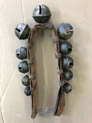 Antique Vintage Horse Sleigh Bells On Leather Strap Brass Set Of 11 Bells