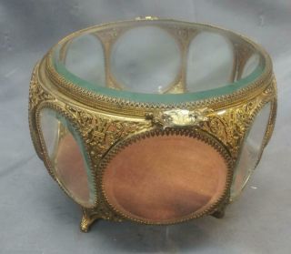 Old Vintage Ornate Filigree Jewelry Box Beveled Glass Metal Casket Mid Century