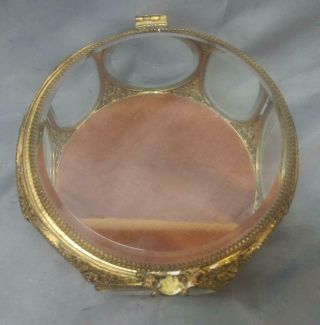 Old Vintage Ornate Filigree Jewelry Box Beveled Glass Metal Casket Mid Century 2