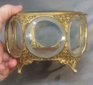 Old Vintage Ornate Filigree Jewelry Box Beveled Glass Metal Casket Mid Century 3