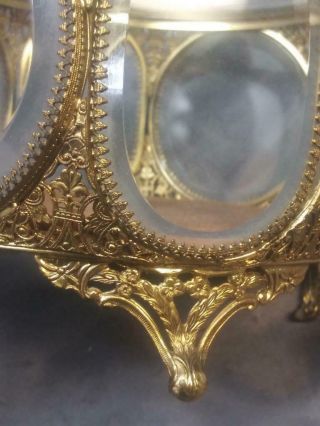 Old Vintage Ornate Filigree Jewelry Box Beveled Glass Metal Casket Mid Century 4