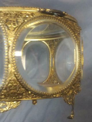 Old Vintage Ornate Filigree Jewelry Box Beveled Glass Metal Casket Mid Century 7