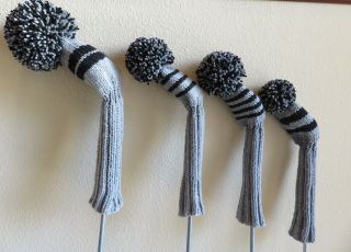 Hand Knit Golf Club Covers - Vintage Style With Pom Poms - Gray/black - 4 Piece