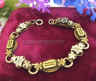 Antique Victorian Rose Yellow Gold Filled Fleur De Lis Fancy Chain Link Bracelet