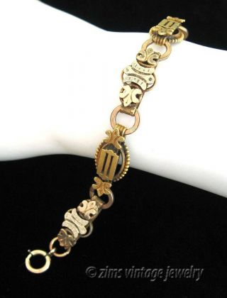 Antique VICTORIAN rose yellow Gold filled Fleur de lis Fancy CHAIN link BRACELET 2