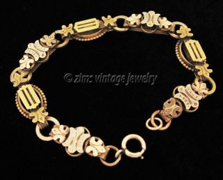 Antique VICTORIAN rose yellow Gold filled Fleur de lis Fancy CHAIN link BRACELET 3