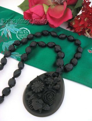 Antique Victorian Carved Whitby Jet Floral Black Pendant Bead Mourning Necklace