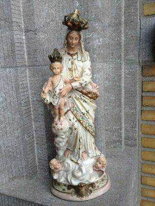 Antique Vintage Plaster Chalkware Our Lady Of Victoire Child Jesus Figure Statue