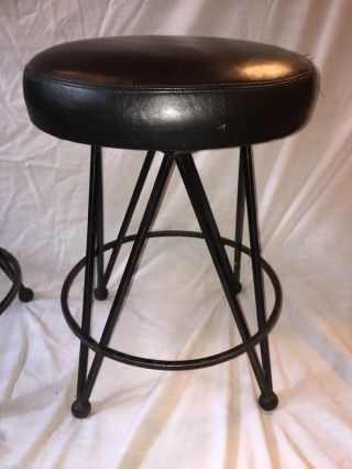 2 Vintage Mid Century Wrought Iron Swivel Bar Stool Black Vinyl Set Trendler 8