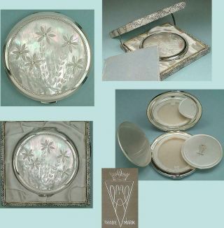 Gorgeous Vintage Mother Of Pearl Compact In Orig.  Box Circa 1950s
