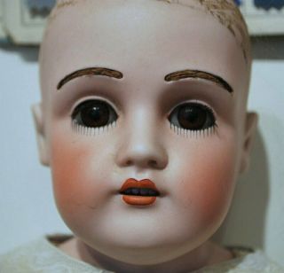 Antique French Or German Bisque Head Doll Kid Body Fur Eyebrows Sleep Eyes