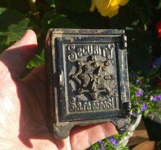 1887 Antique Cast Iron Toy Coin Bank Money Box Locking Safe Vtg Novelty Curio