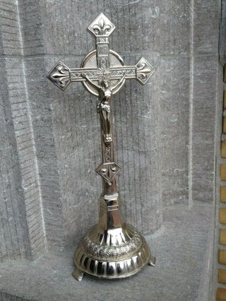 Vintage Belgium Pedestal Ornate Fleur De Lis Standing Cross Crucifix Jesus