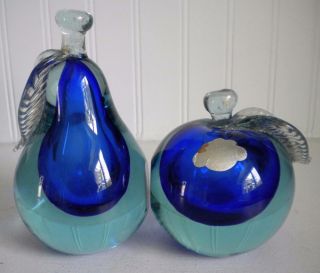 Vintage 50s 60s Pair Barbini Pear & Apple Murano Art Glass Bookends Set Cobalt