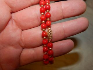 VINTAGE Red Coral beaded necklace with 14k gold clasp AND 14K BEAD INSERTS. 2
