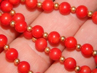 VINTAGE Red Coral beaded necklace with 14k gold clasp AND 14K BEAD INSERTS. 5