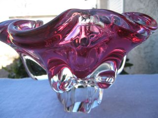 Bohemian Czech Nwt Vtg Hand Blown Cranberry Pink Art Glass Bowl/centerpiece