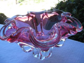 BOHEMIAN CZECH NWT VTG HAND BLOWN CRANBERRY PINK ART GLASS BOWL/CENTERPIECE 4