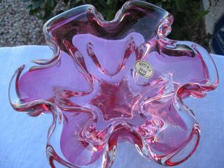 BOHEMIAN CZECH NWT VTG HAND BLOWN CRANBERRY PINK ART GLASS BOWL/CENTERPIECE 5