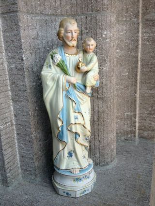 Vintage Porcelain Bisque St Joseph Child Jesus Altar Standing Figurine Statue 3
