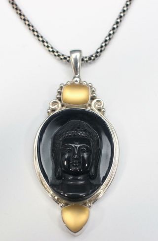 Vintage Sajen Sterling Silver Carved Obsidian Buddha & Yellow Moontone Pendant