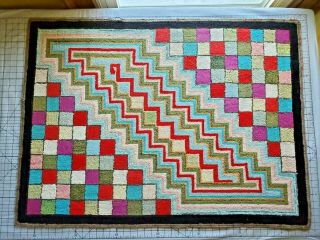 Vintage Hand Hooked Rug Scrap About 47 " X 32 " Geometric Early 20th Century