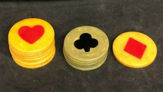 16 Rare Antique Vintage Bakelite Poker Chips Clover,  Heart,  Diamond