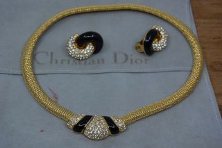 Vintage Christian Dior Crystal & Enamel Choker Necklace And Earring Set Bag