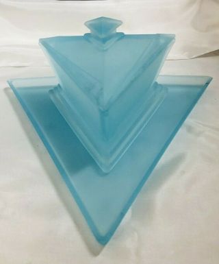 Vintage Art Deco Triangular Aqua Frosted Glass Dresser Tray Covered Powder Dish