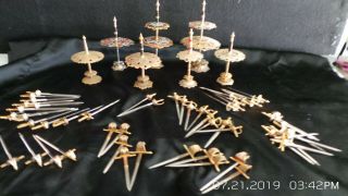 7 Vintage Toledo Brass / Metal Appetizer Set Of Swords Cocktail Picks On Stand 2