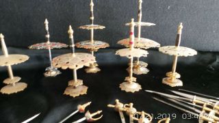 7 Vintage Toledo Brass / Metal Appetizer Set Of Swords Cocktail Picks On Stand 4