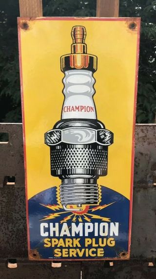 Champion Spark Plug Vintage Porcelain Enamel Gas Pump Oil Service Station Sign